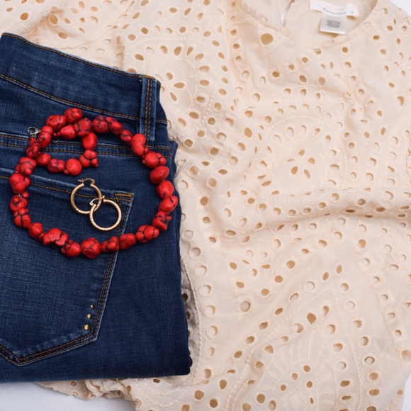 Feminine Eyelet Puff Sleeves Blouse Cute Girly Coquette Cream Medium - Picture 11 of 14